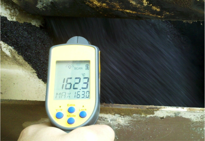 Temperature reading of 162.3 degrees Celsius from hot mix asphalt
