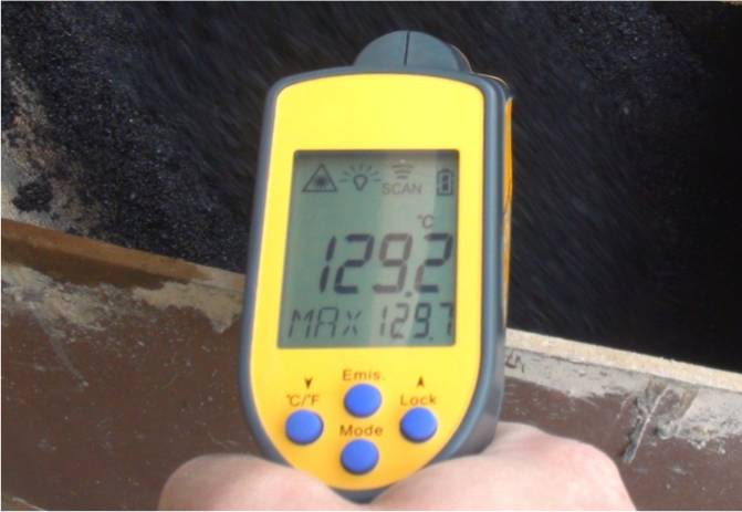 Temperature reading of 129.2 degrees Celsius from warm mix asphalt
